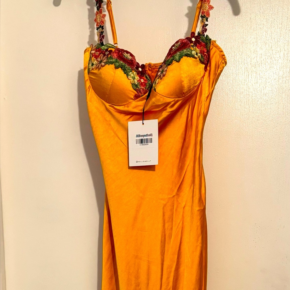 Hello Molly Orange Maxi Dress with Floral Embellishments